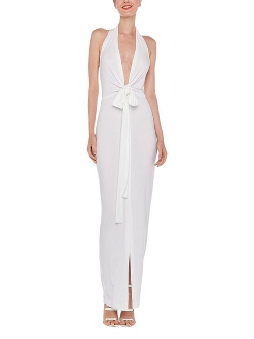 Long sleeveless white jersey women's dress with sash Norma Kamali | ST1243HPD51944SNOW WHITE